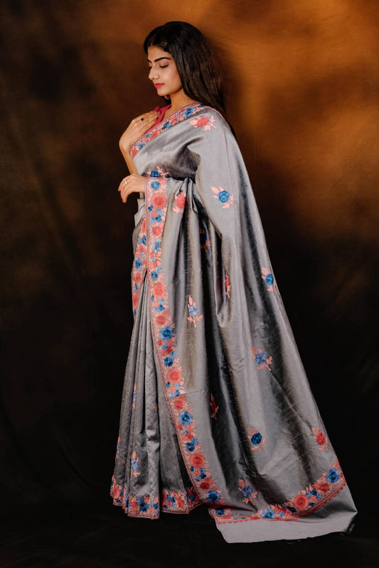 Grey Silk Kashmiri aari saree