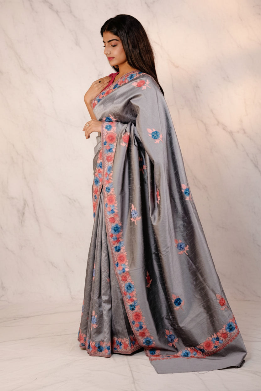 Grey Silk Kashmiri aari saree