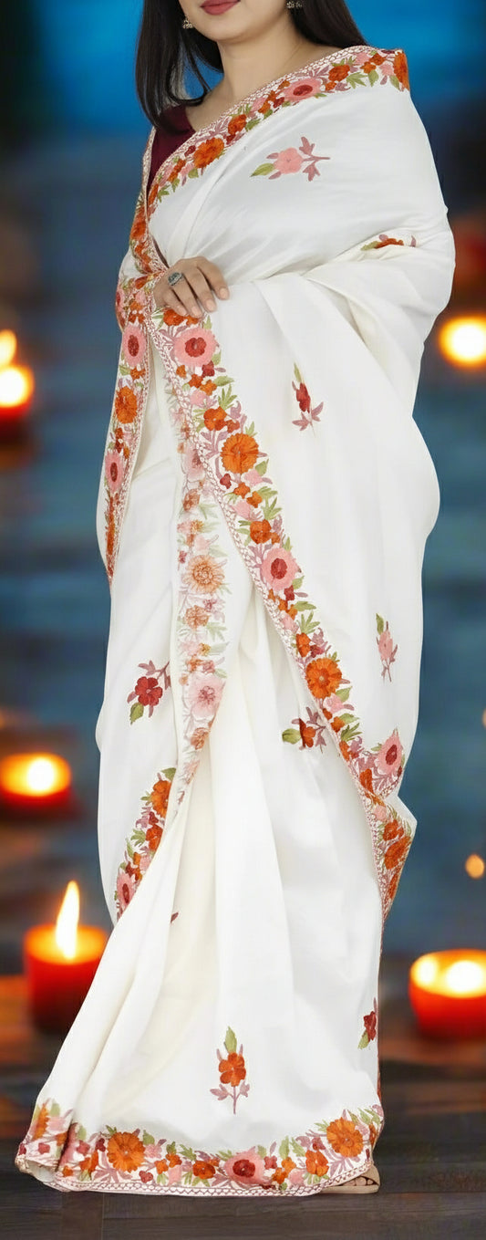 Aariwork Cream Silk Saree