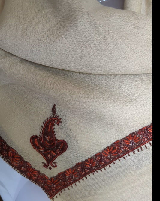 Cream Cashmere Sozn Kashmiri Shawl