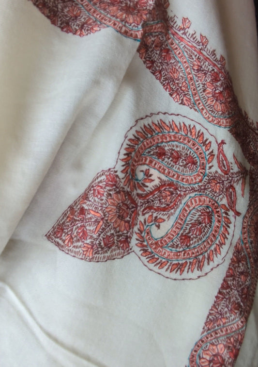 White Cashmere Sozn Kashmiri Shawl