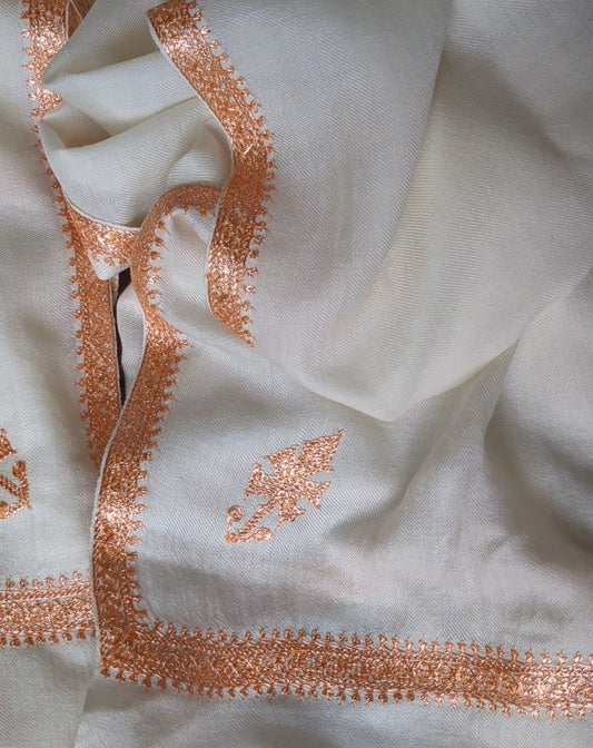 Cream Cashmere Kashmiri Stole-Zariwork