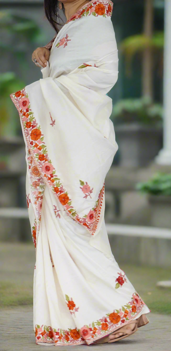 Aariwork Cream Silk Saree