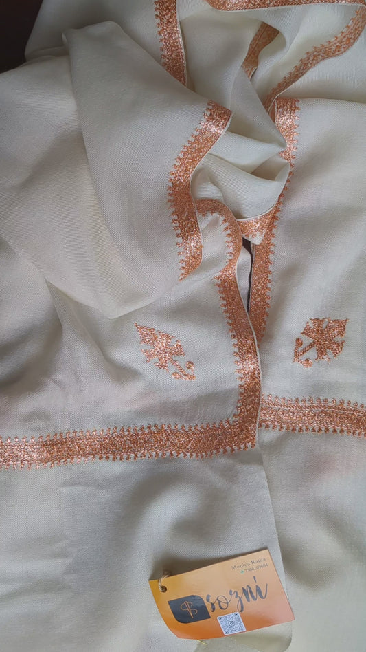 Cream Cashmere Kashmiri Stole-Zariwork