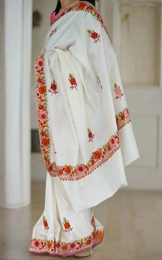 Aariwork Cream Silk Saree