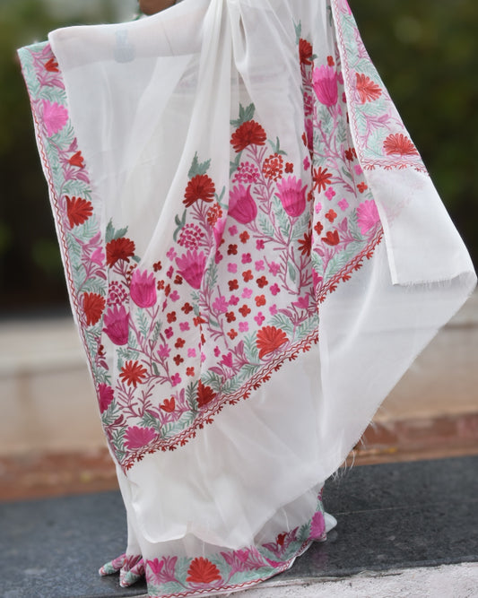 Pink Aariwork Cream Saree