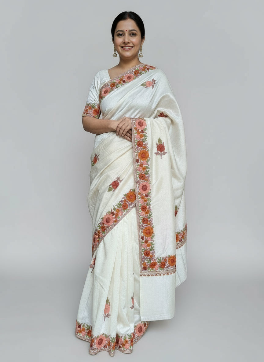 Aariwork Cream Silk Saree