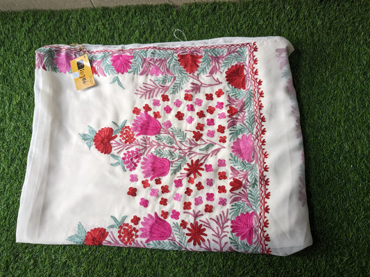 Pink Aariwork Cream Saree